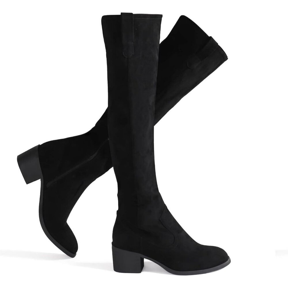 🆕Women's Black Faux Suede Over The Knee Thigh High Chunky Heel Pointed Toe Boot - Picture 4 of 11